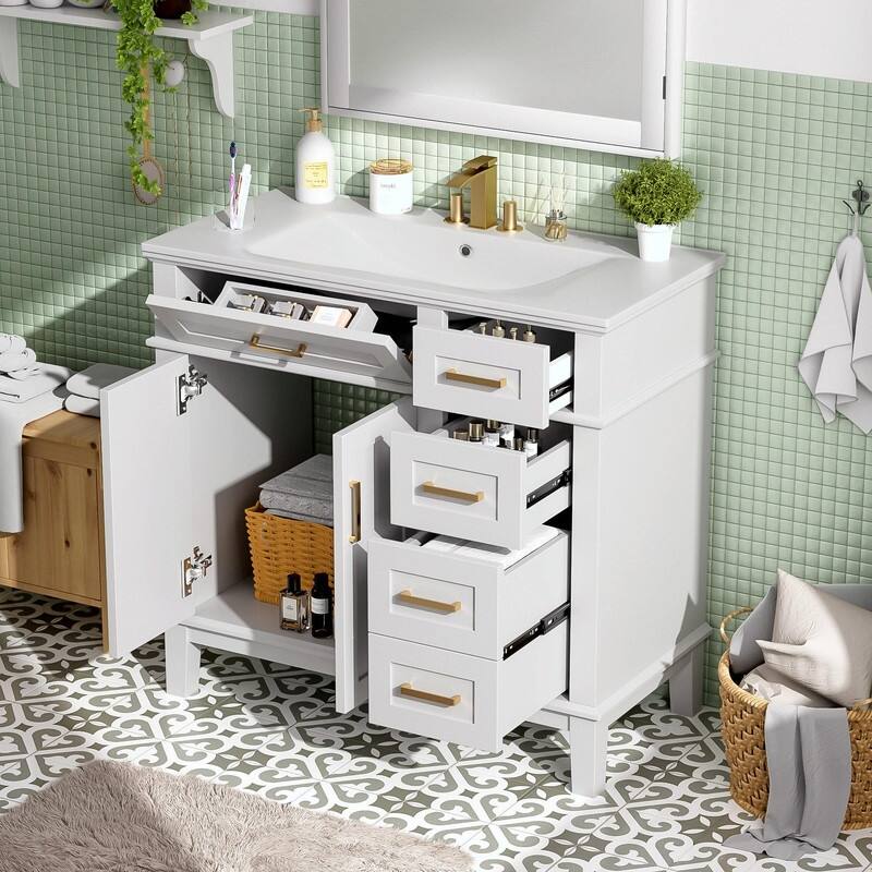 36" Modern Bathroom Vanity with Ceramic Sink, Soft-Close Door and 4 Storage Drawers - White