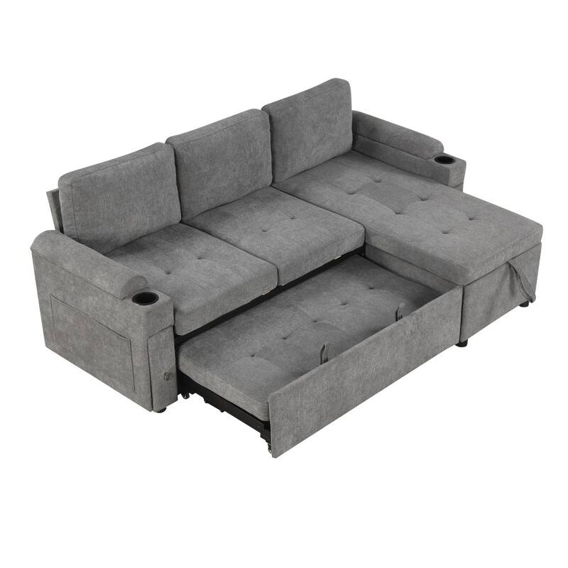 83.5" Modern Convertible L-shaped Sectional Sofa Couch with Two Cup Holders and USB Ports