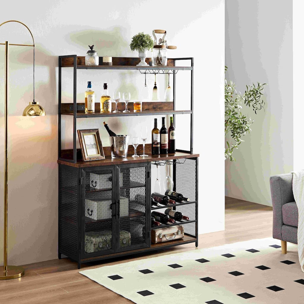 Coffee Bar Cabinet with Power Outlet, Industrial Buffet Cabinet with LED Strip and Glass Holder, 3-Tiers Liquor Cabinet Bar