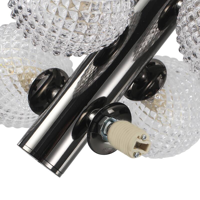 10 Light Sleek Black Metal Chandelier with Transparent Rippled Glass Globes, Adjustable Height - Matte Black
