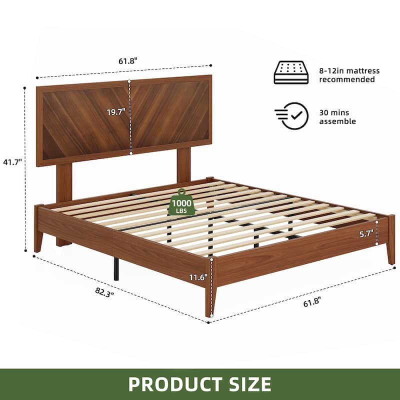 Queen/King Size Bed Frame with Adjustable Headboard Heights and Solid Wood Headboard, Walnut Color - Queen