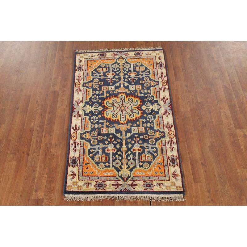 Blue Geometric Kazak Indian Accent Rug Handmade Wool Carpet - 2'11"x 5'0"