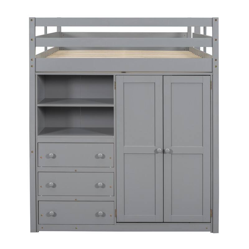 Wood Full Size Loft Bed with Built-in Wardrobe, Desk, Storage Shelves and Drawers