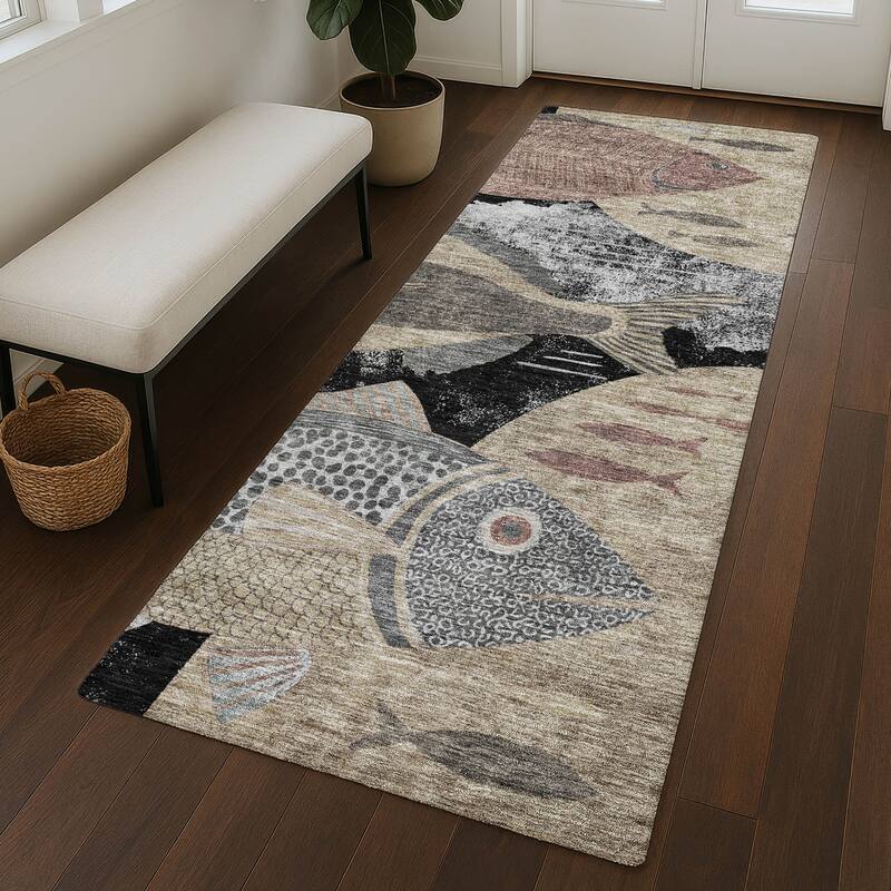 Machine Washable Indoor/ Outdoor Modern Fish Chantille Rug