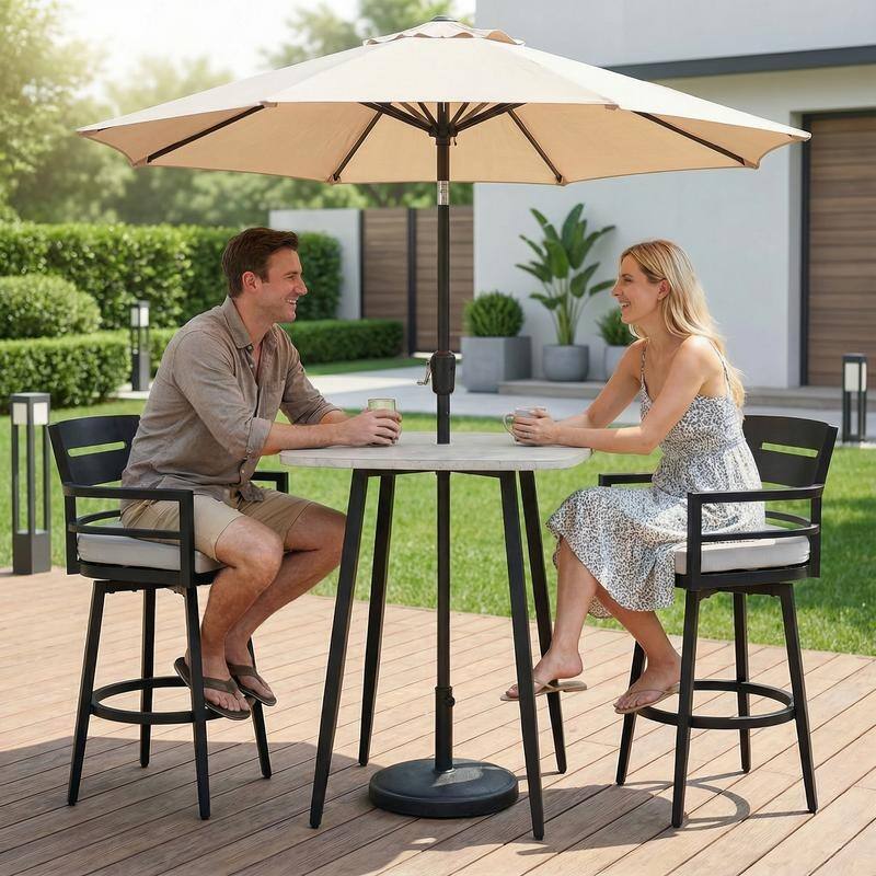 Marble-Look Square Aluminum Bar Dining Table with Umbrella Hole for Indoor and Outdoor Use