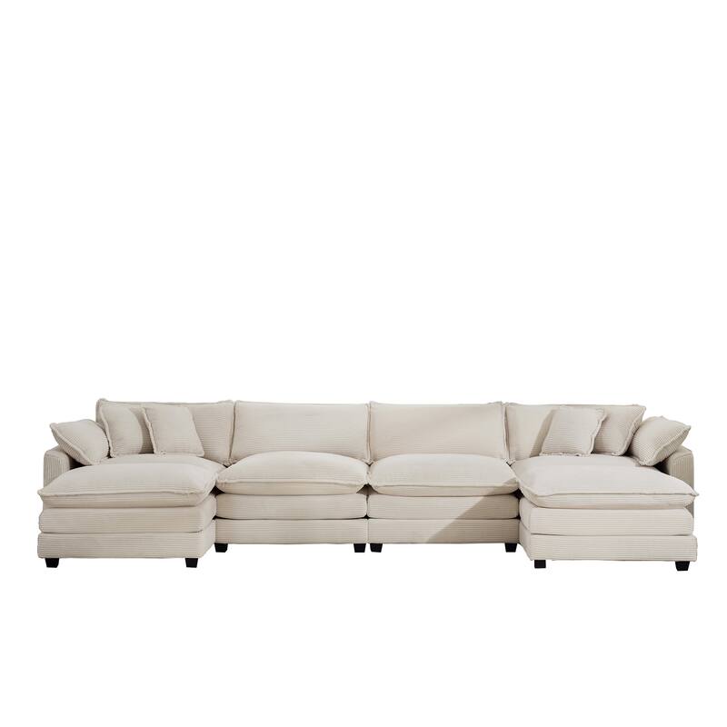 Modern Fabric 4 Seater Modular Sofa Set - Soft Upholstered U-Shape Corduroy Couch with 2 Ottomans for Living Room
