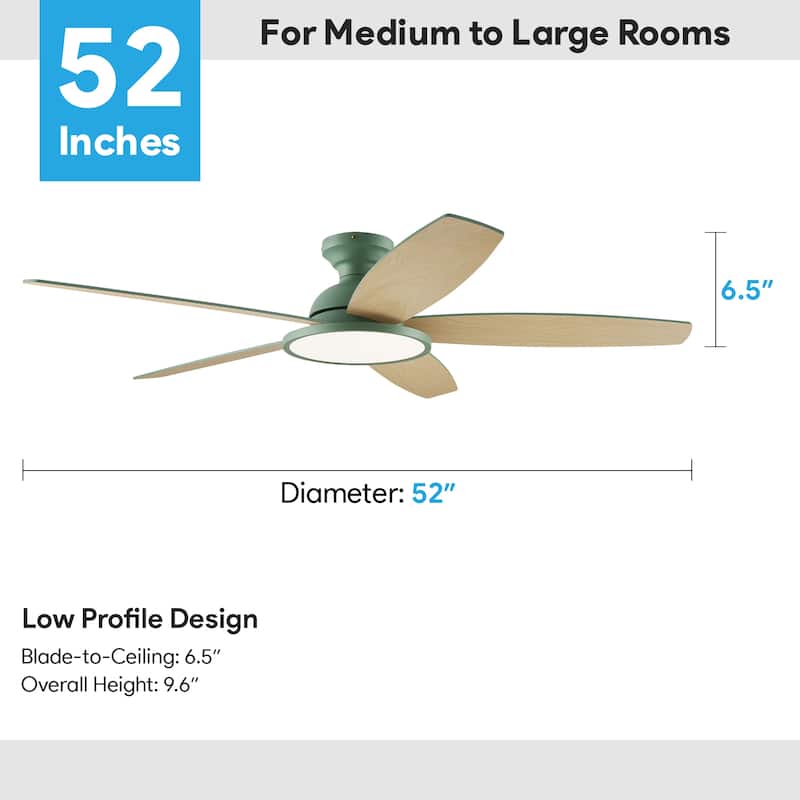 5 - Blade Low Profile Flush Mount Modern Ceiling Fan with 3CCT LED Light and Remote