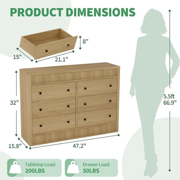 6 Drawer Dresser for Bedroom, Wooden Fluted Chest of Drawers, Modern Oak  Storage Organizer for Living Room, Office - Bed Bath & Beyond - 43700186