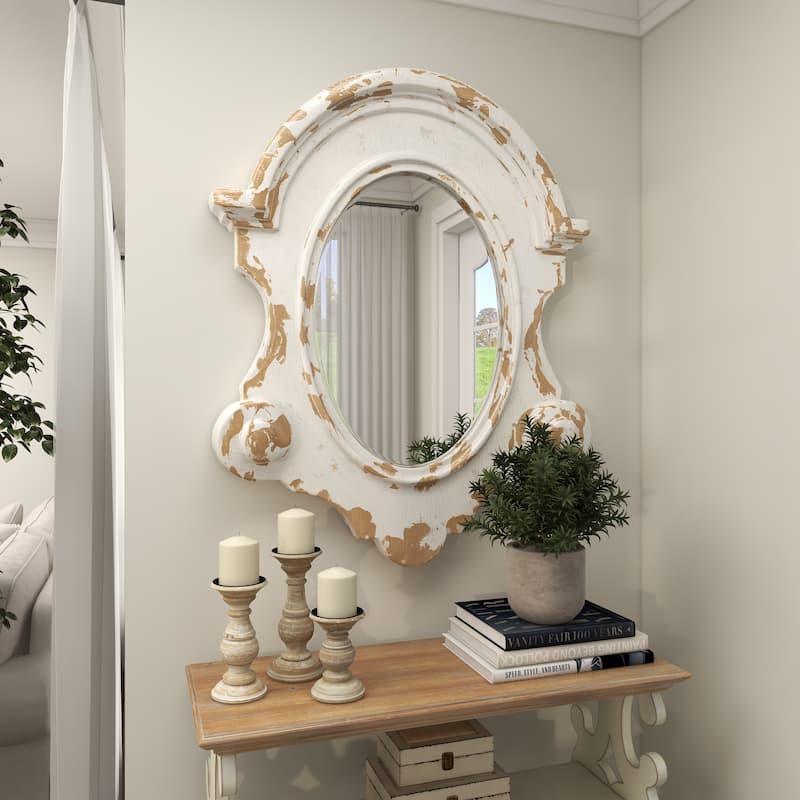 Fiberglass Distressed Antique Arched Oval Room Wall Mirror - White or Cream - Roche River Decor
