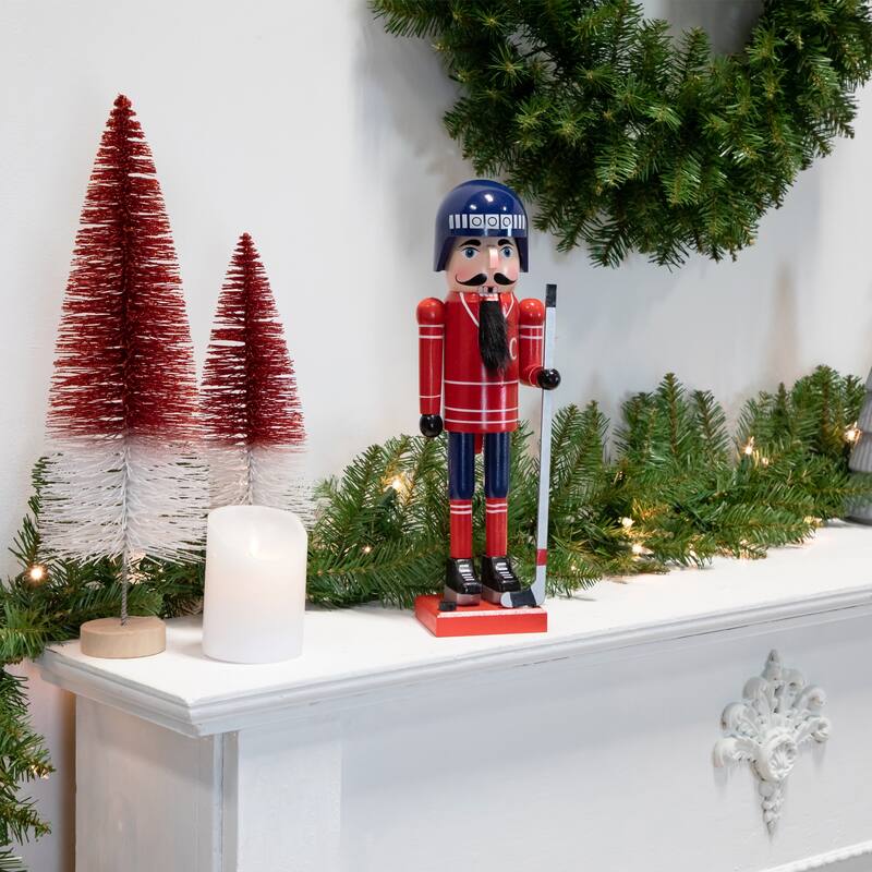 14" Blue and Red Wooden Christmas Ice Hockey Player Nutcracker