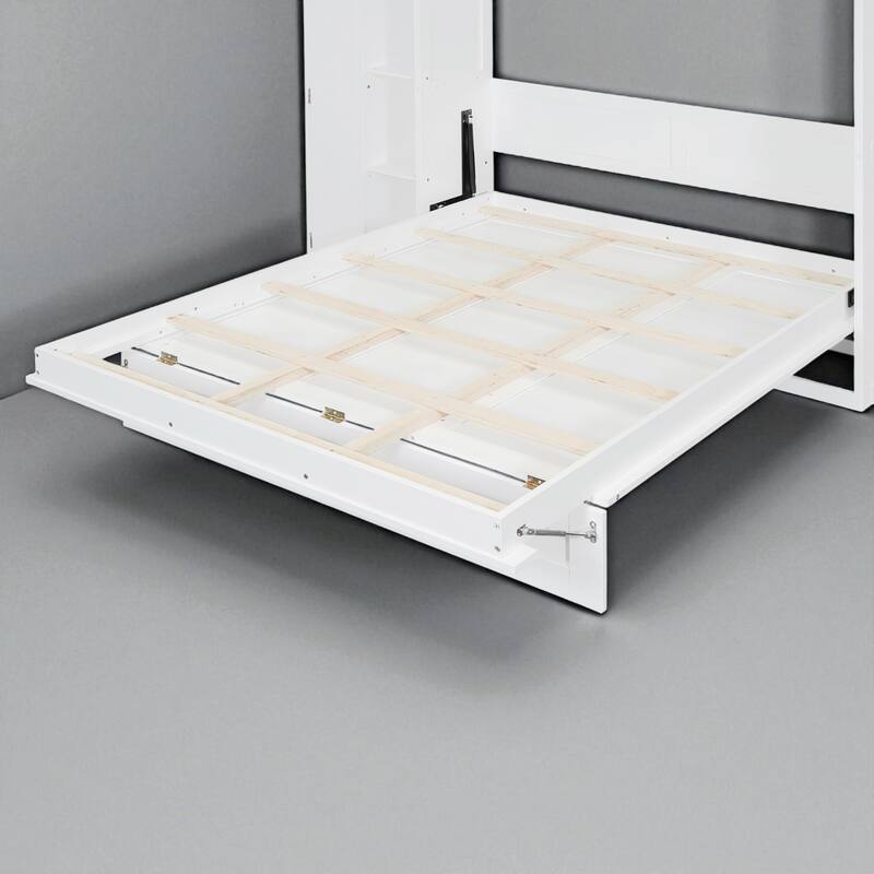 Full/Queen Size Murphy Wall Bed with Shelves, Wardrobe, LED Lights - Space-Saving Design