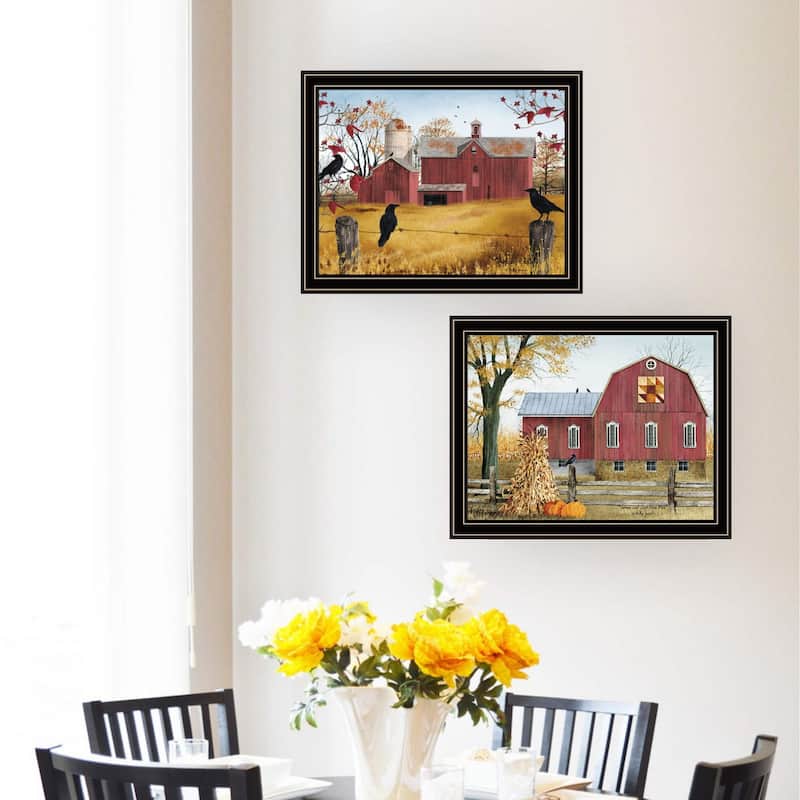2-Piece Framed Wall Art Set - Autumn Red Barns, Black Frame