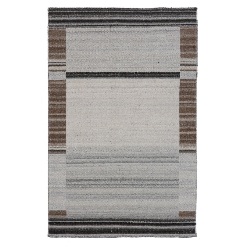 Brown Hand Woven Wool Viscose Modern Reversible Flat Weave 4' x 6' - Soft Brilliant Colors Affordable - N/A