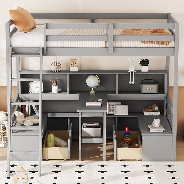 slide 2 of 6, Twin Size Loft Bed With Storage Shelves, Pine Wooden Bed with Drawers, Platform Bed with Seat And Desk, Grey Grey