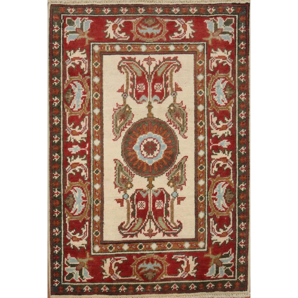 Hand Knotted Oriental 100% Wool Carpet Traditional Geometric Beige & Ivories Kazak Area Rug - 3' 1'' X 2' 1''