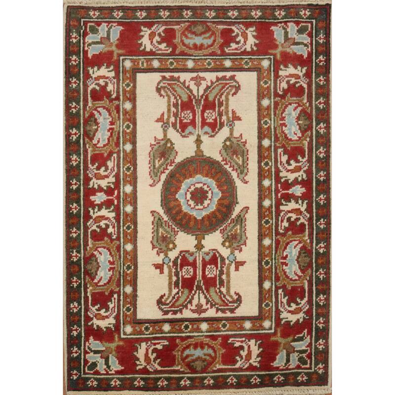 Hand Knotted Oriental 100% Wool Carpet Traditional Geometric Beige & Ivories Kazak Area Rug - 3' 1'' X 2' 1''