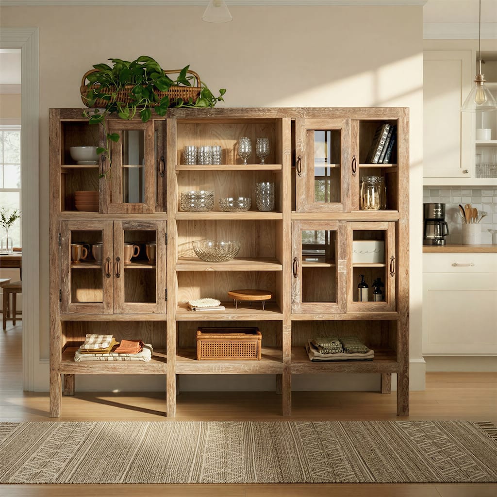 Reclaimed Wood Cabinet with 8 Glass Doors and 11 Shelves