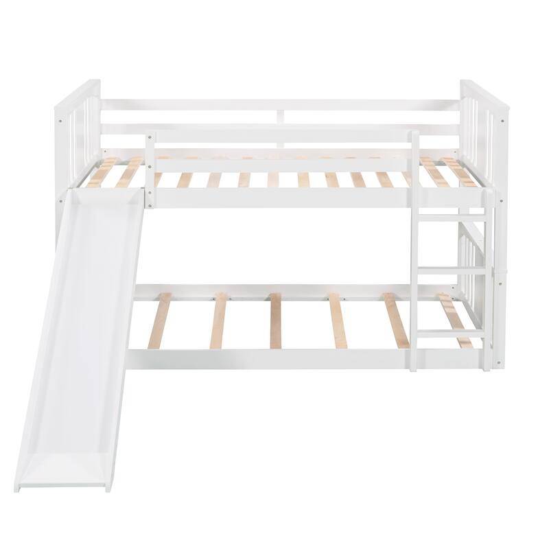 Twin over Twin Size Solid Wood Bunk Bed with Ladder, Slide and Fence for Kids, Bedroom