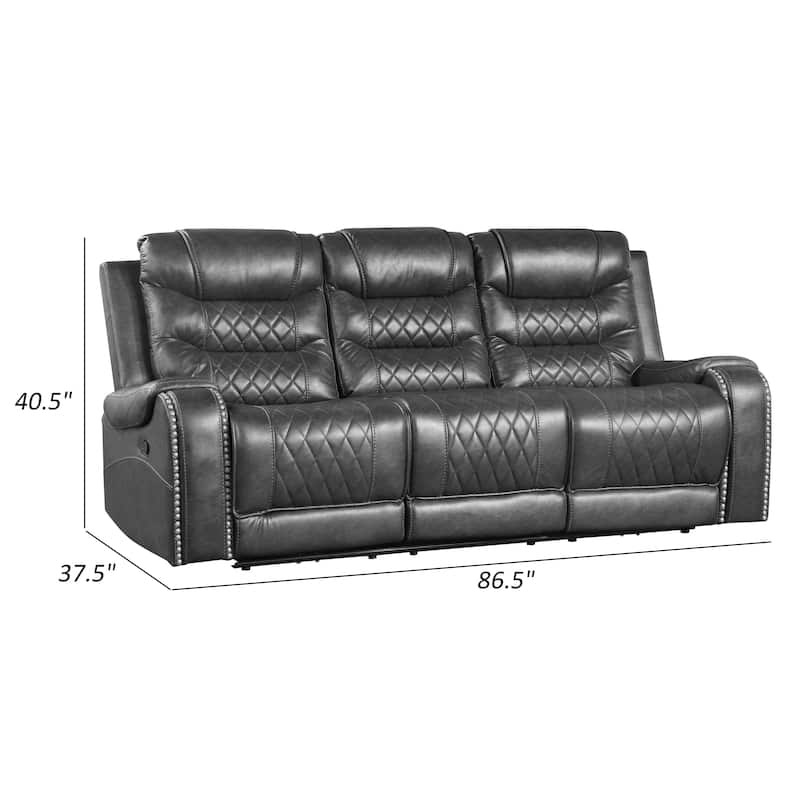 Paul 87 Inch Power Recliner Sofa, Drop Table Cupholders Gray Faux Leather