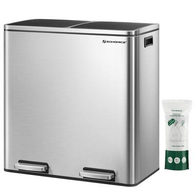 Trash Can,Garbage Can for Kitchen, with 15 Trash Bags, 2 Compartments, Plastic Inner Buckets and Hinged Lids