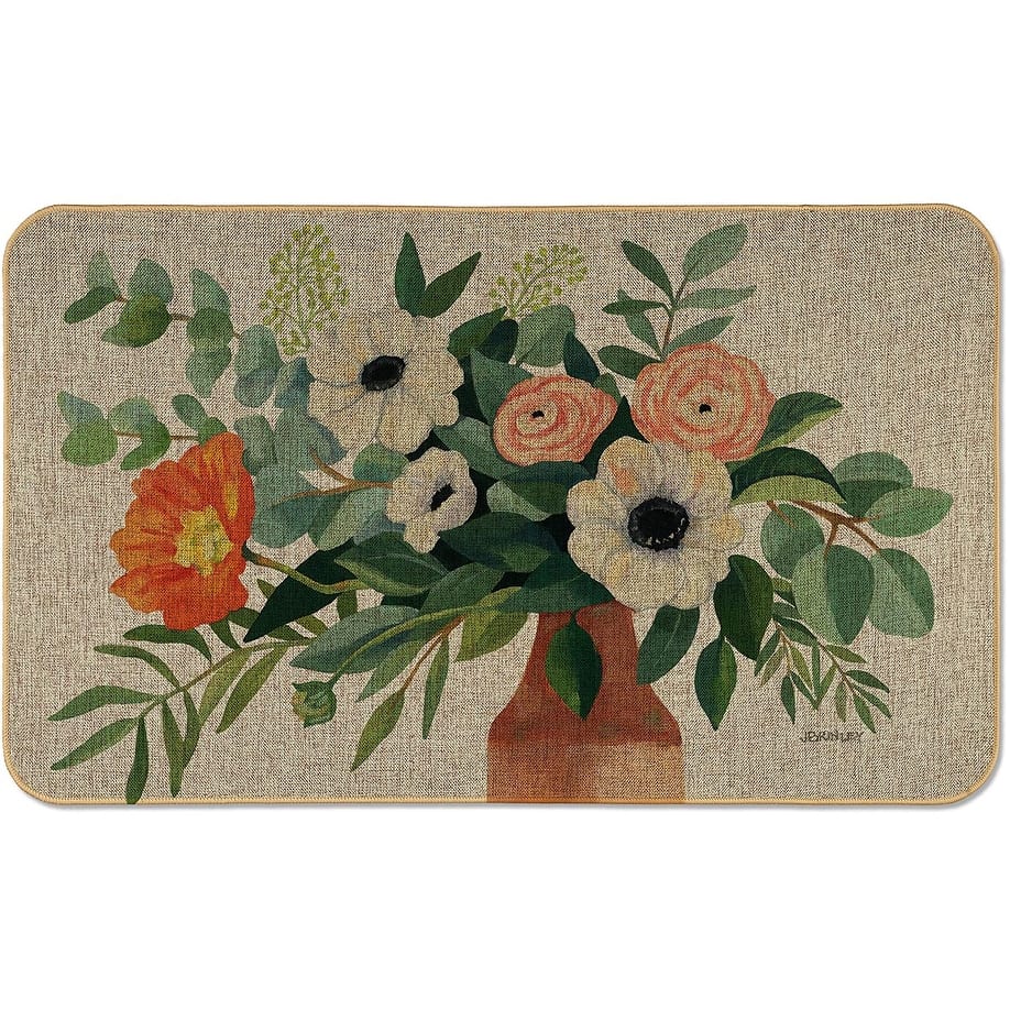 Natural Linen Look Decorative Low Profile Indoor/Outdoor Floor Mat with Recycled Rubber Back, Fresh Poppies, 29.5" x 17.75".