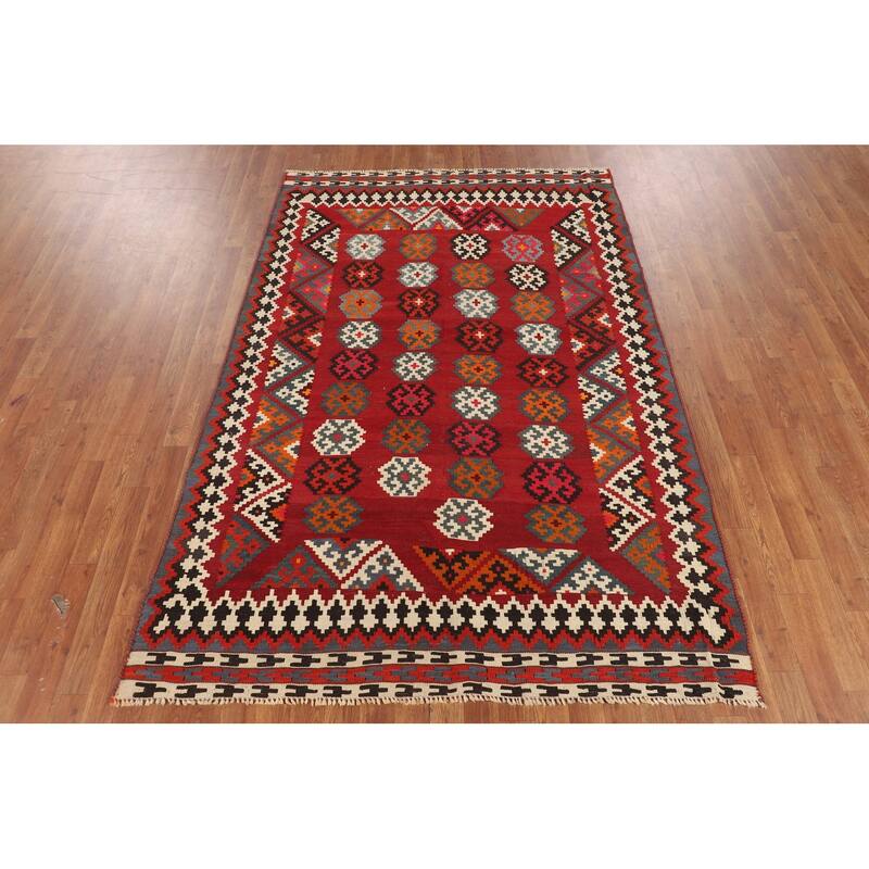 Red Kilim Qashqai Persian Vintage Rug Flatweave Oriental Wool Carpet - 5'2"x 7'6"