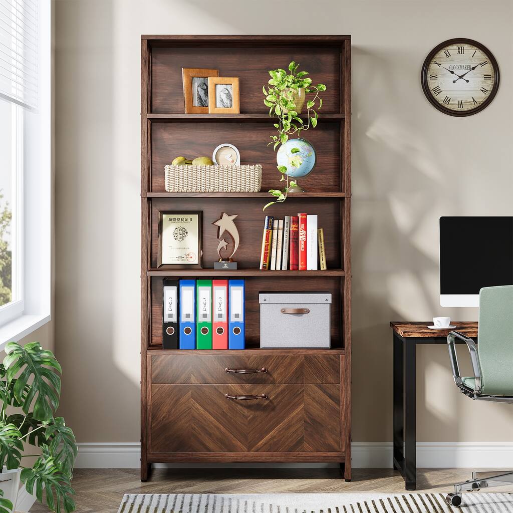 Tall Bookcase with 2 Filing Drawers, Wood Bookcase for Home Office