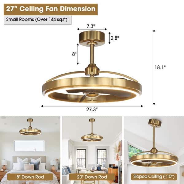 27" Modern Gold ABS 3-blade Fandelier Bladeless Ceiling Fan with Light and Remote