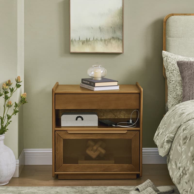 Mid-Century Modern Nightstand with USB Charging Station‌ - End Table Featuring 2 Drawers, Open Shelf & Glass-Front Cabinet - Dark Walnut