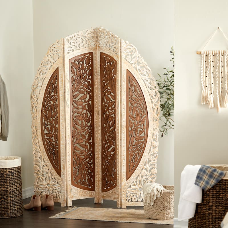 Mango Wood Floral Handmade Foldable Arched Partition 4 Panel Room Divider Screen - Brown - Roche River Decor