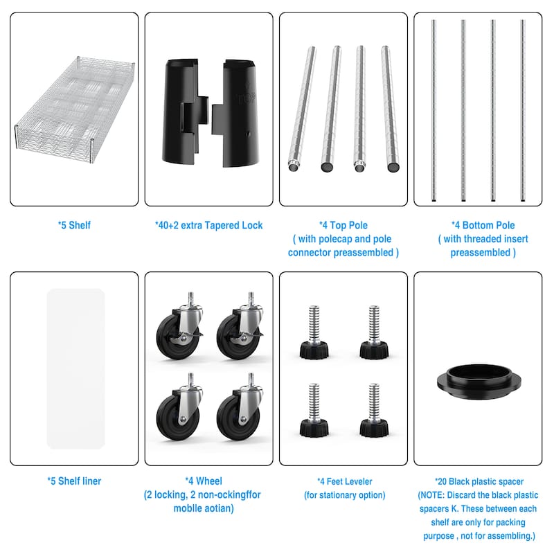 5 Tier Shelf Wire Shelvin,with Wheels & Shelf Liners