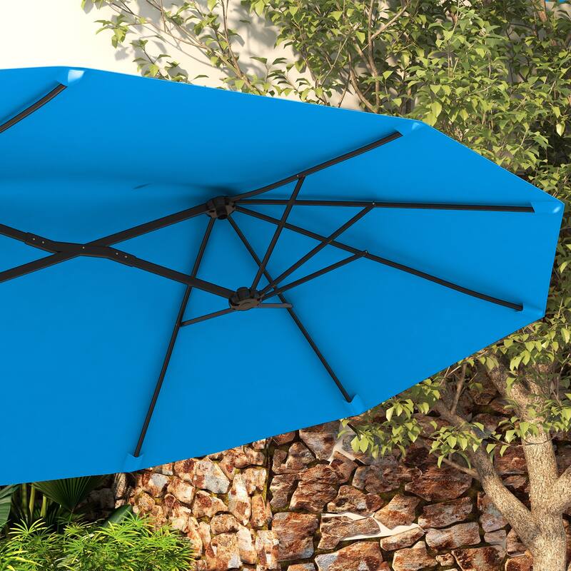 Outsunny Double-sided Patio Umbrella 9.5' Large Outdoor Market Umbrella with Push Button Tilt and Crank, 3 Air Vents and 12 Ribs