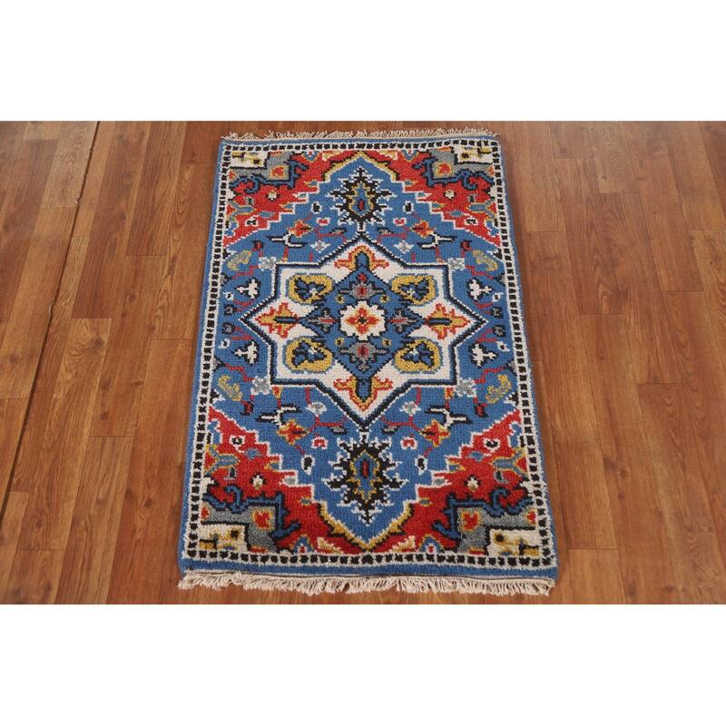 Blue Geometric Kazak Indian Rug Handmade Wool Carpet - 2'0"x 3'0"
