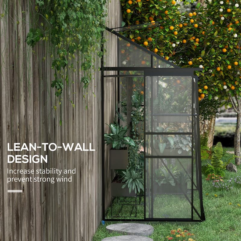 Outsunny 6' x 4' Lean-to Polycarbonate Greenhouse, Walk-in Hobby Green House with Sliding Door, 5-Level Roof Vent, Rain Gutter