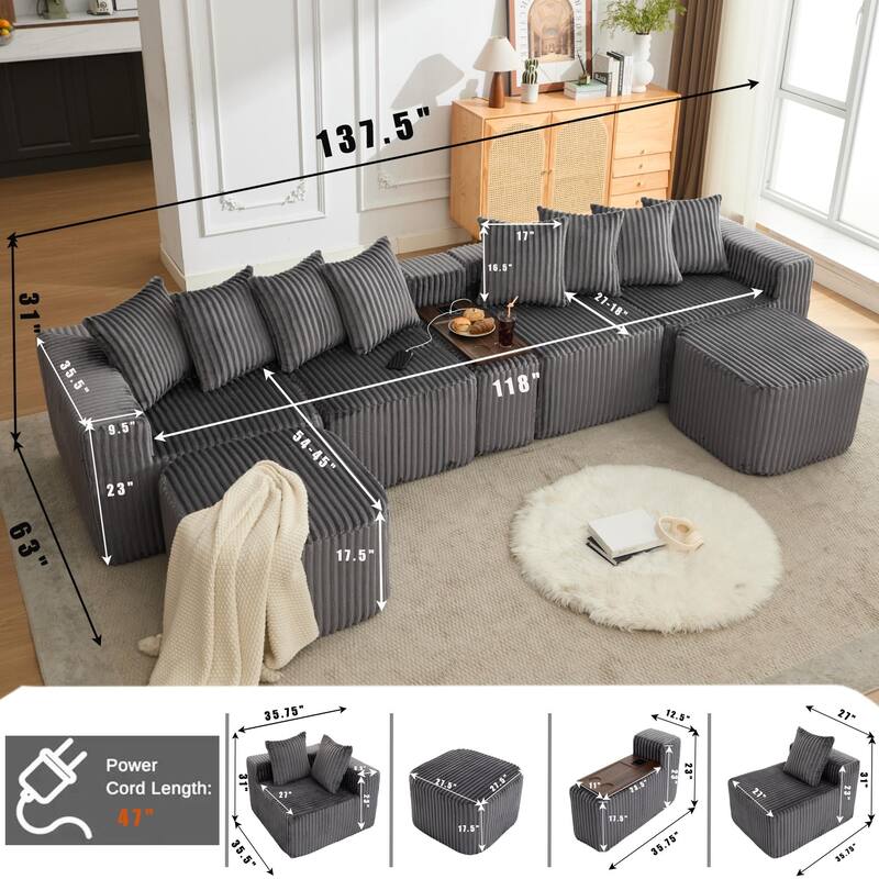 137.5" U-Shaped Modular Sofa with USB & Wireless Charging, Coffee Table Board, Cup Holders, Movable Footstool, Corduroy