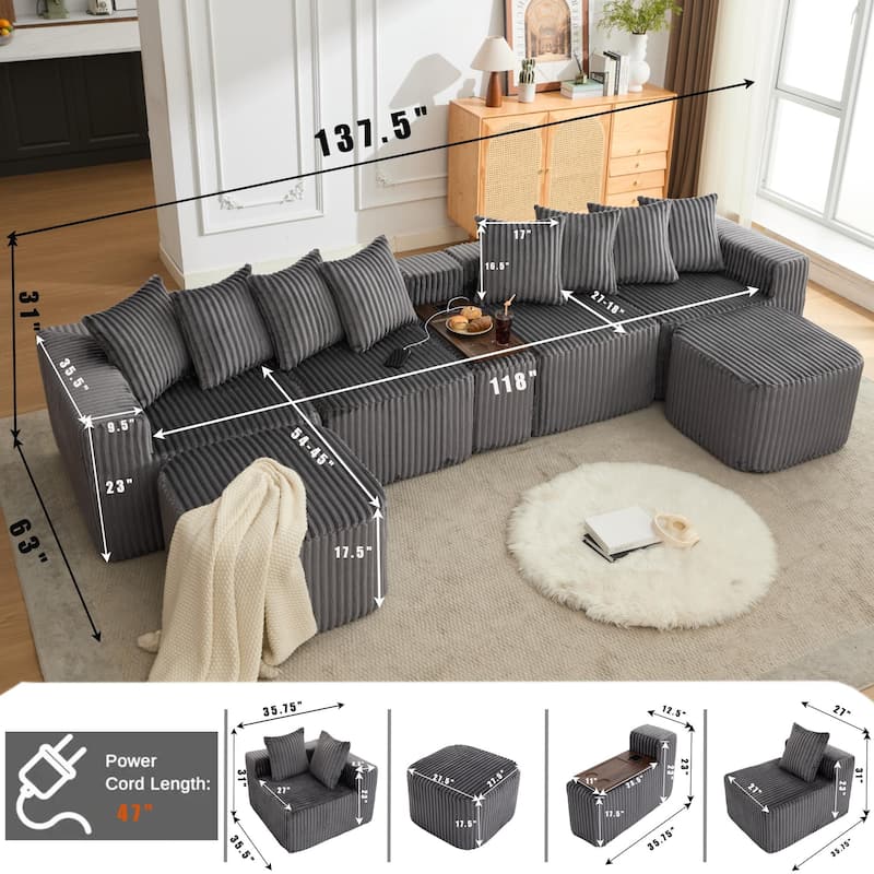 Boneless Modular Sofa with USB, Wireless Charging & Coffee Table Board