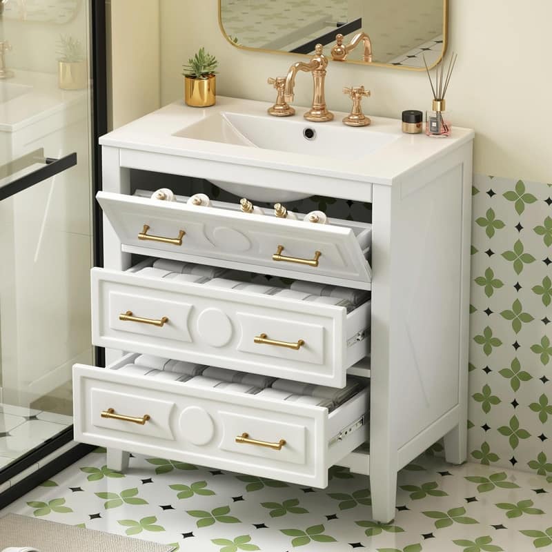 30'' Free Standing Bathroom Vanity Set with Ceramic Sink, 3 Drawers & Solid Wood Frame