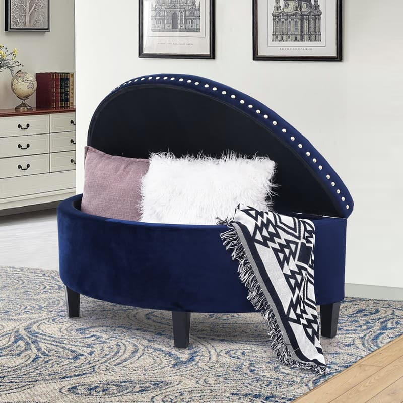 Adeco Half Moon Tufted Storage Ottoman Bench