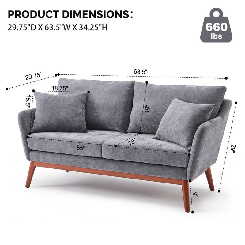 Linen Blend Mid-Century Modern Small Spaces Loveseat Two-Seater Sofa With Solid Wood Base