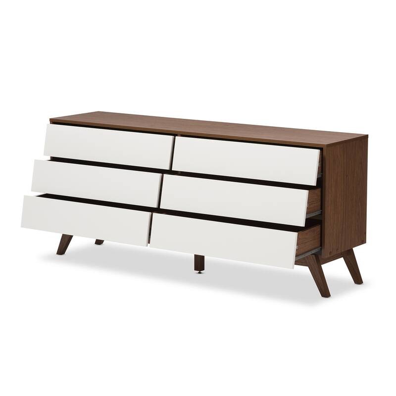 6 Drawer Dresser - White and Walnut Brown Double Dresser - Modern Storage Chest - Bedroom Living Room Furniture