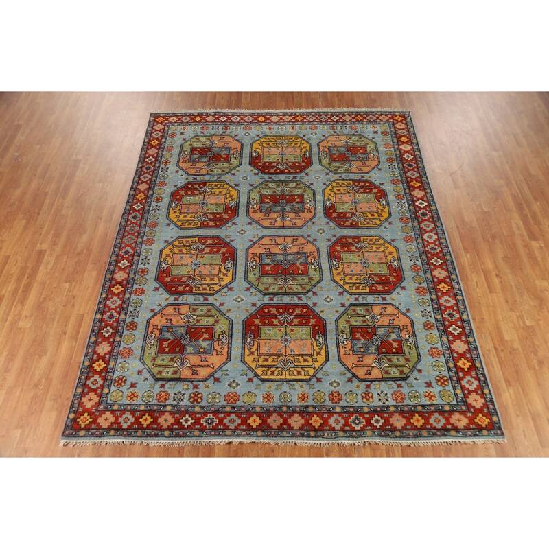 Geometric Blue Khotan Indian Area Rug Handmade Wool Carpet - 7'11"x 9'10"