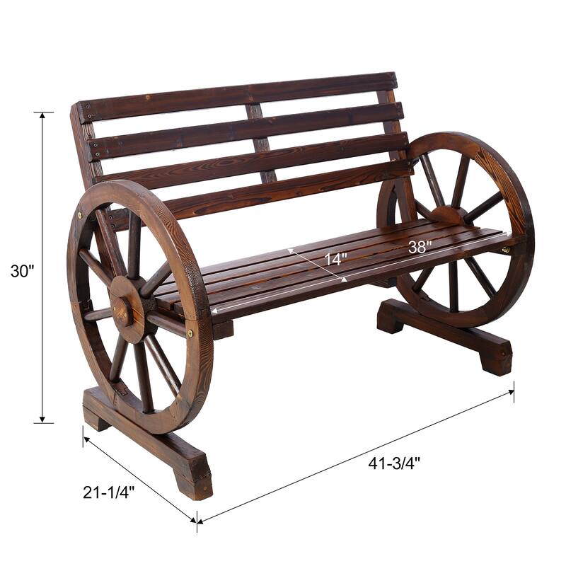 Rustic Wagon Wheel Bench, 2-Seater Wooden Outdoor Furniture for Garden