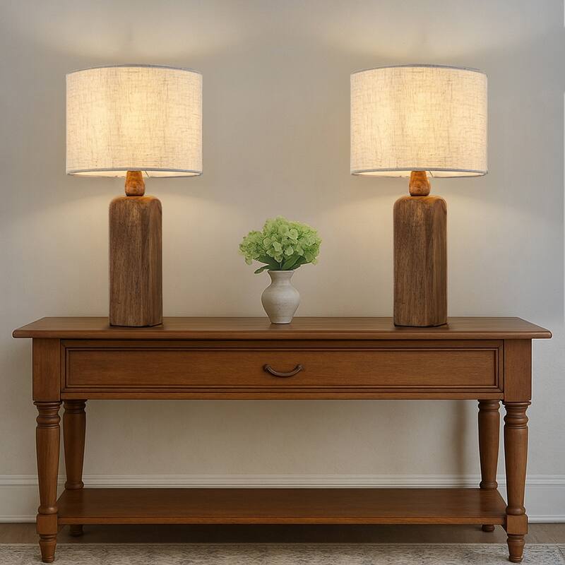 Farmhouse Traditional Natural Brown Solid Wood Base Table Lamp with Beige Fabric Shade for Bedroom Living Room（Set of 2)