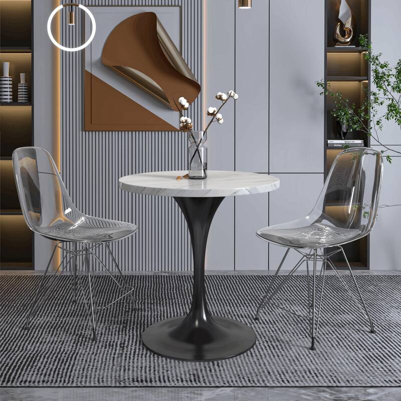LeisureMod Verve 27" Round Dining Table with Sintered Stone TableTop and Black Steel Base for Kitchen & Dining Room - 27.56