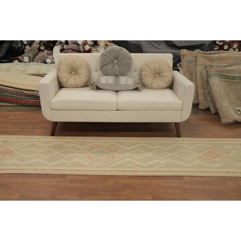 Hand Woven Oriental 100% Wool Carpet Southwestern Tribal Beige & Ivories Kilim Runner Rug - 9' 11'' X 2' 6''