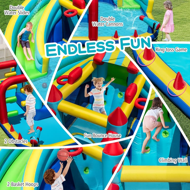 Large Inflatable Water Slide Park for Kids with Double Slides Bounce House Water Cannons 680W Blower