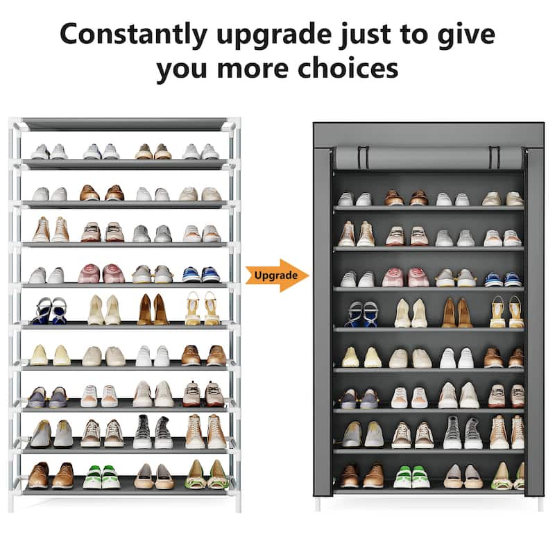 9-Tier Tall Shoe Shelf Stand Rack Organizer with Non-woven Fabric Cover - 10-tier
