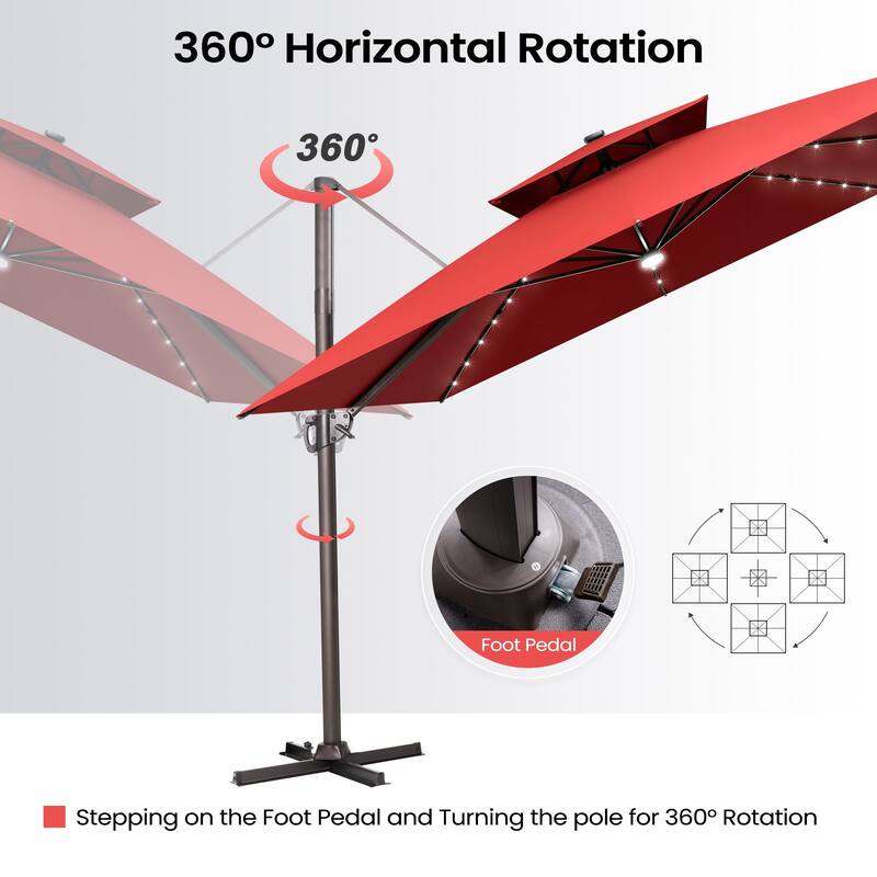 11 FT Outdoor Premium Double Top Solar Powered LED Patio Cantilever Umbrella