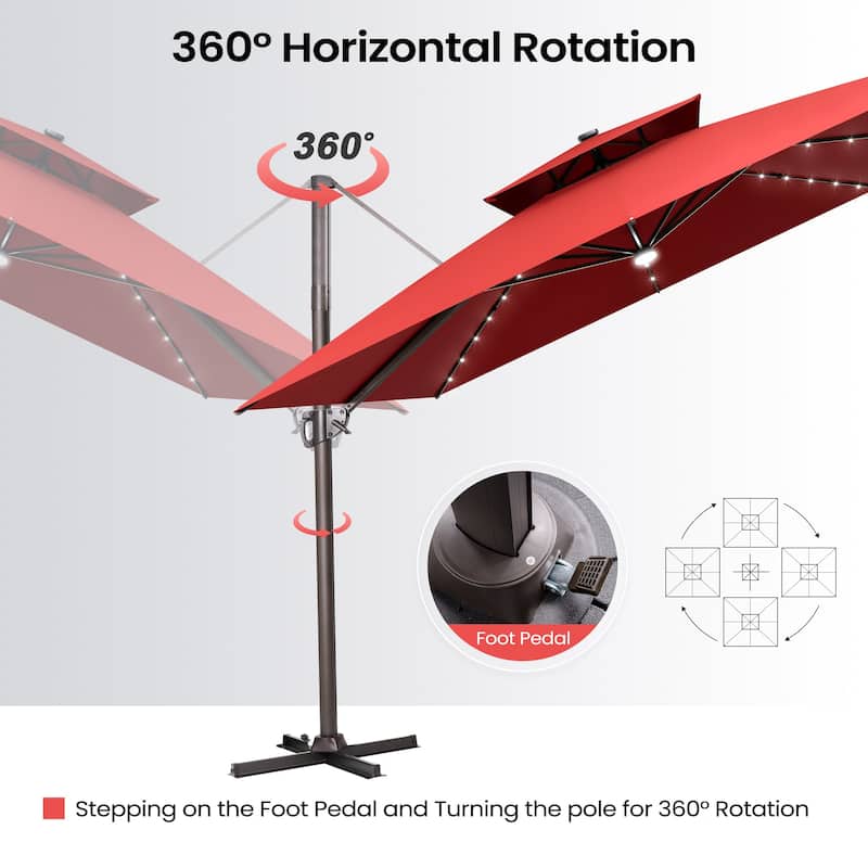 Outdoor Solar Powered LED Double Top Patio Cantilever Umbrella with Base Stand