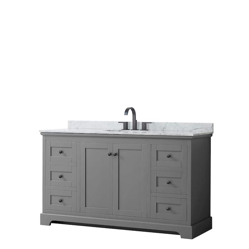 Avery 60-inch Single Vanity, Marble Top, Oval Sink, No Mirror - Dark Gray, Black Trim, White Carrara Marble Top